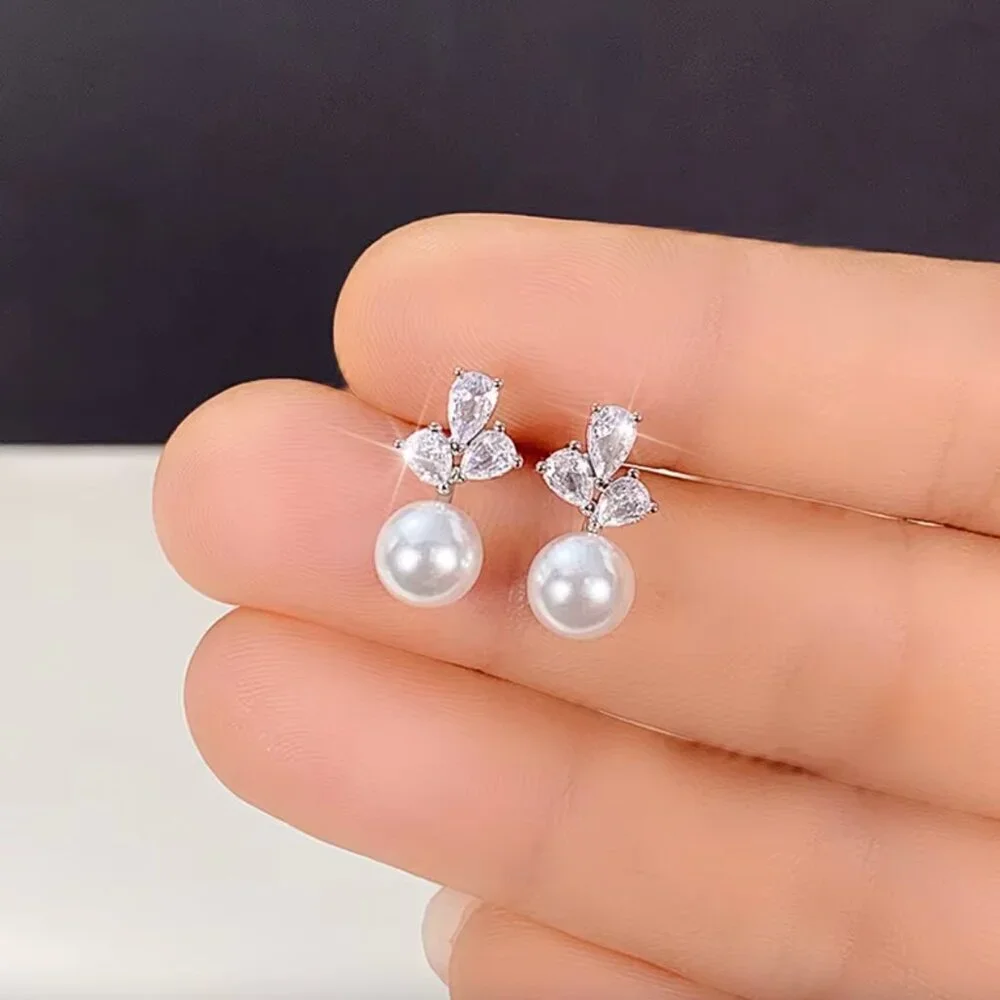 925 Sterling Silver Pearl Diamond Earrings Cute Pearl Studs_3